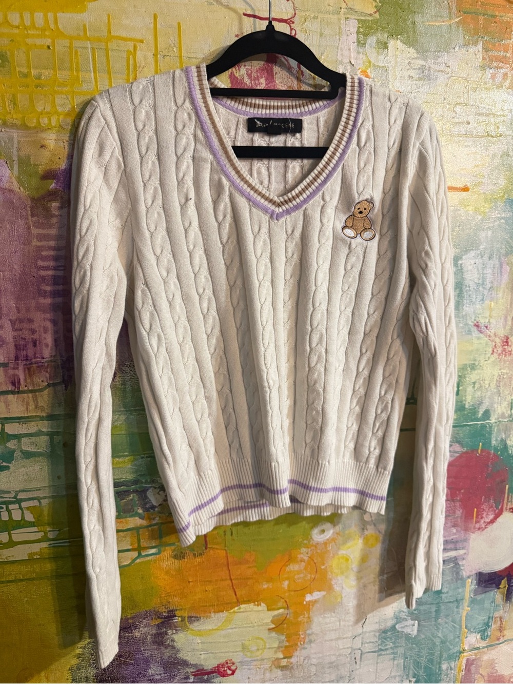 Cable-Knit V-Neck Sweater with Lavender Trim and Teddy Patch 🧸💜